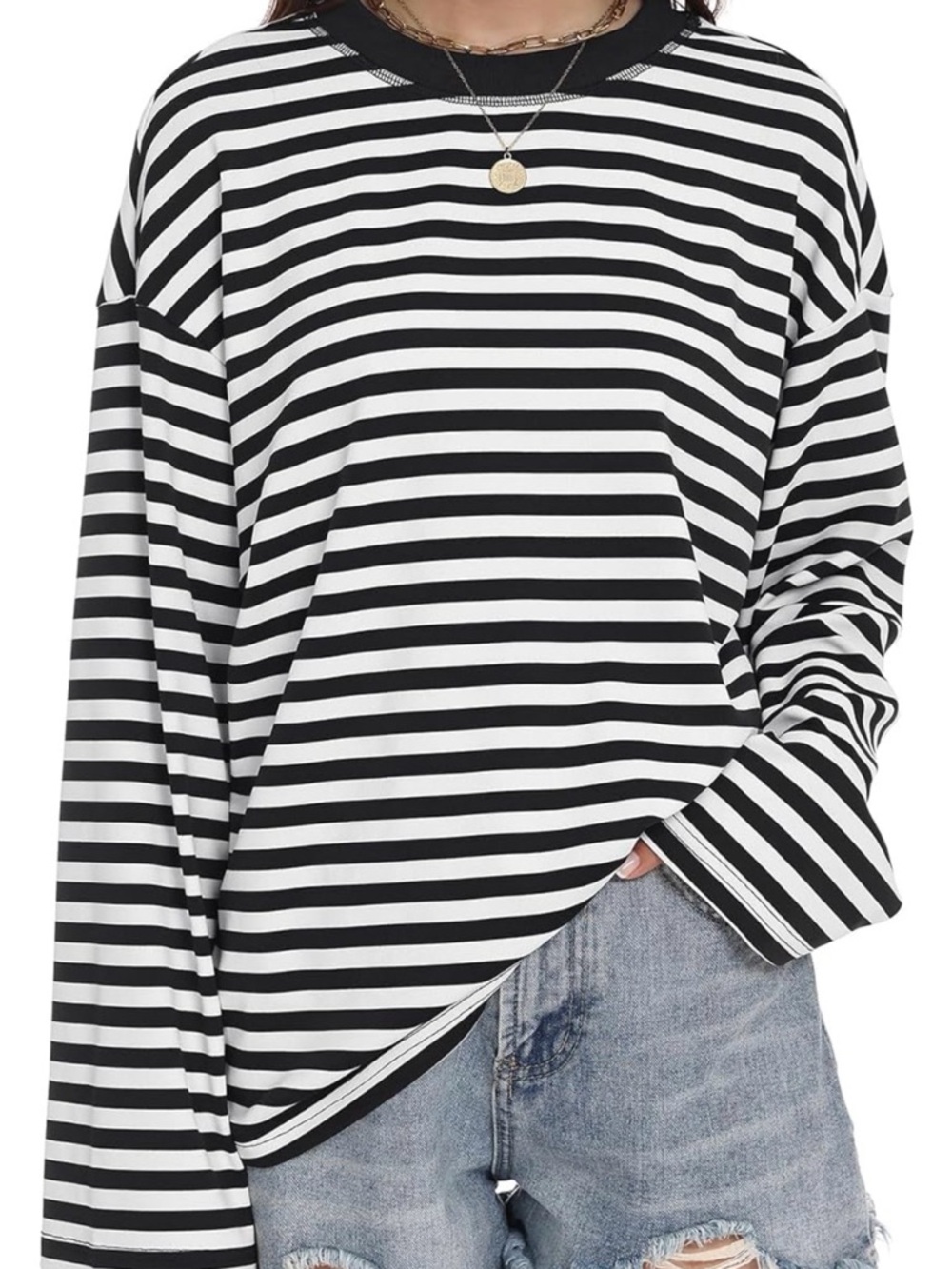 Black & White Striped Long Sleeve Women’s Top